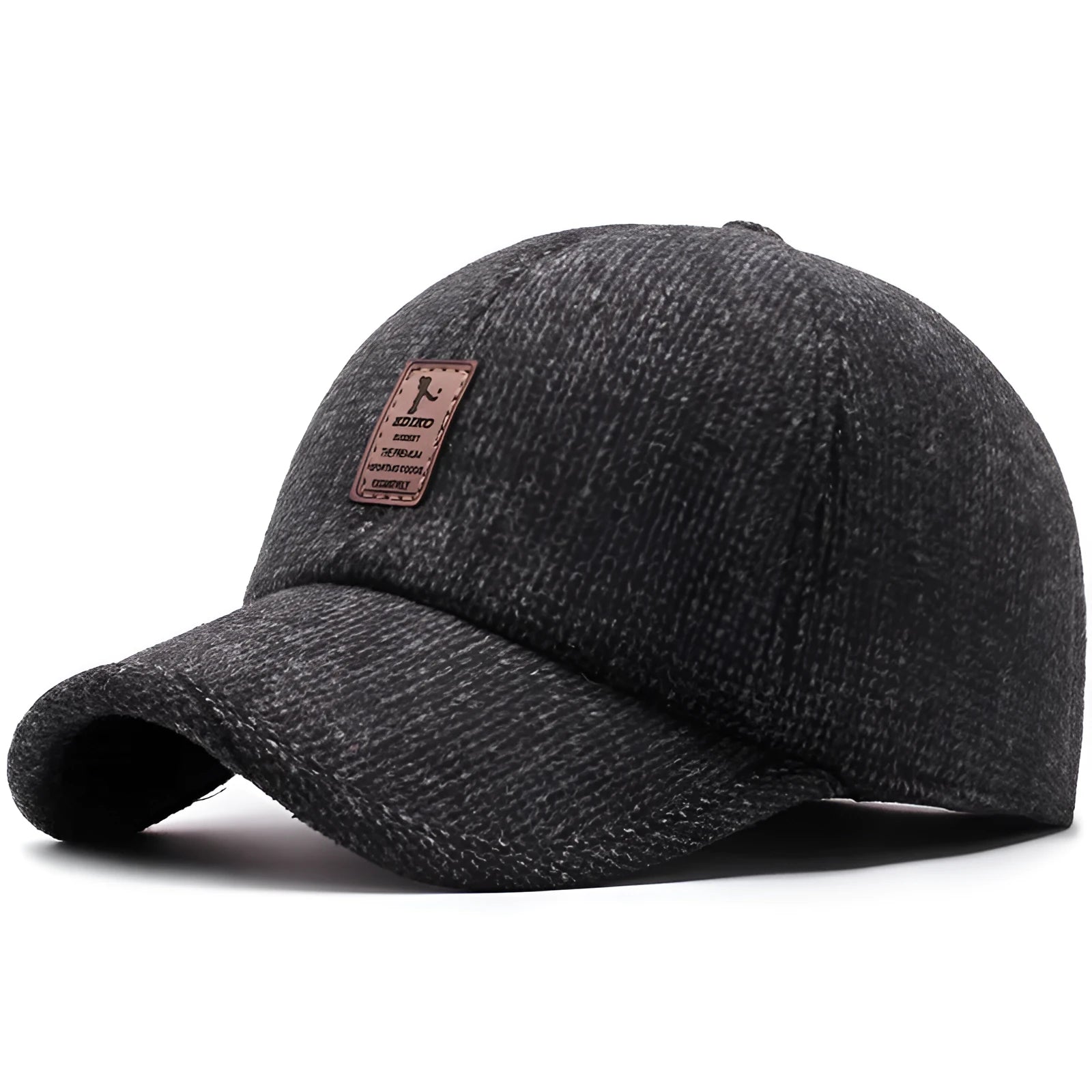 Men's adjustable wool felt baseball cap in black with short brim and letter pattern
