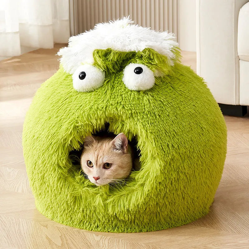 Closed plush cat nest in blue, 40cm diameter, for indoor winter use