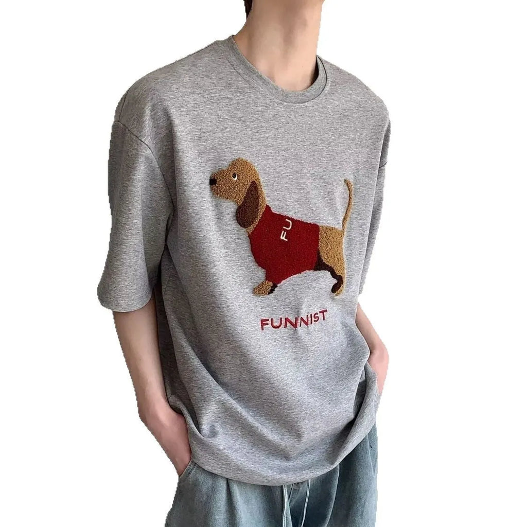 Men's grey cotton T-shirt with an embroidered sausage dog design on the front.