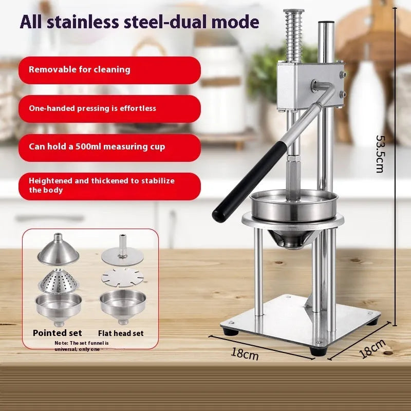 Commercial stainless steel manual citrus juicer with 480cm length on a countertop.