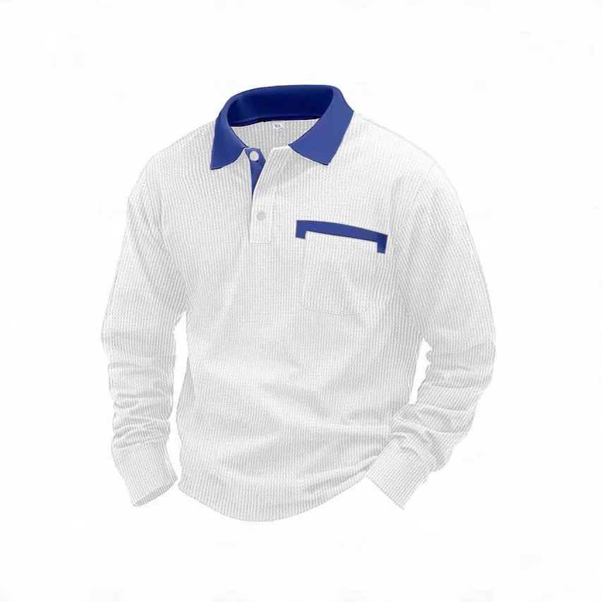 Man wearing a long-sleeved waffle-texture polo shirt in a solid colour with a loose, retro fit.