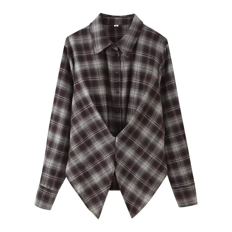 Women's loose-fit plaid shirt with long sleeves, button placket, and plant-and-flower print on a blue-green plaid base