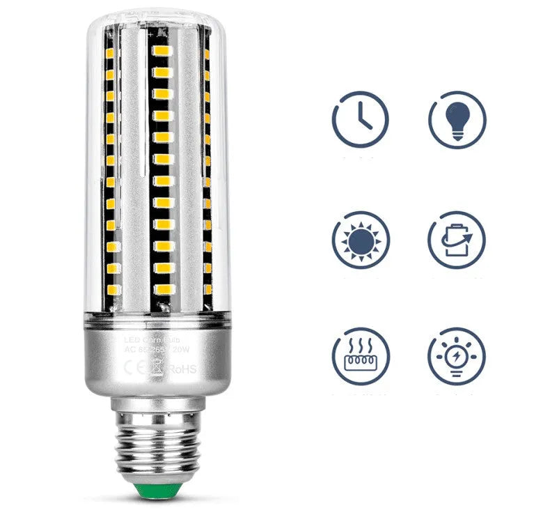 E26 E27 25W aluminium LED corn lamp showing dimensions and warm white or white light options