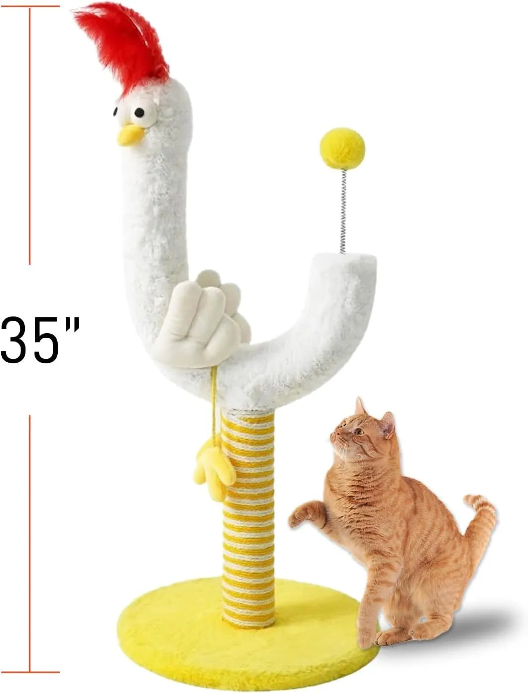 Tall yellow vertical cat scratching post with sisal rope and a spring ball toy.