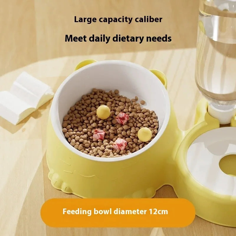 Automatic cat feeding basin with double bowl design and gravity water dispenser in choice of four colours