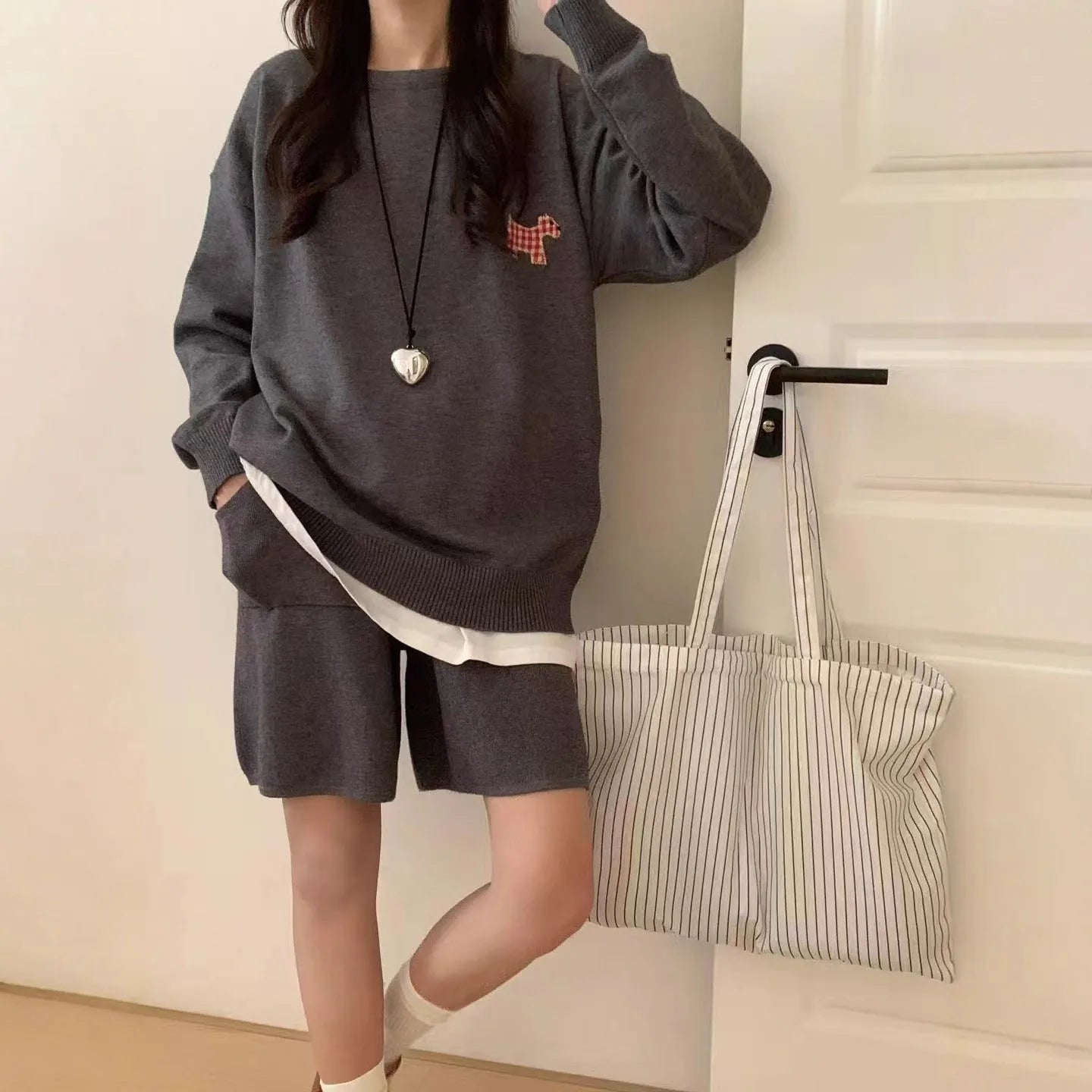 Women's milk blue knitted sweater and shorts set with animal embroidery, Japanese Korean casual style.