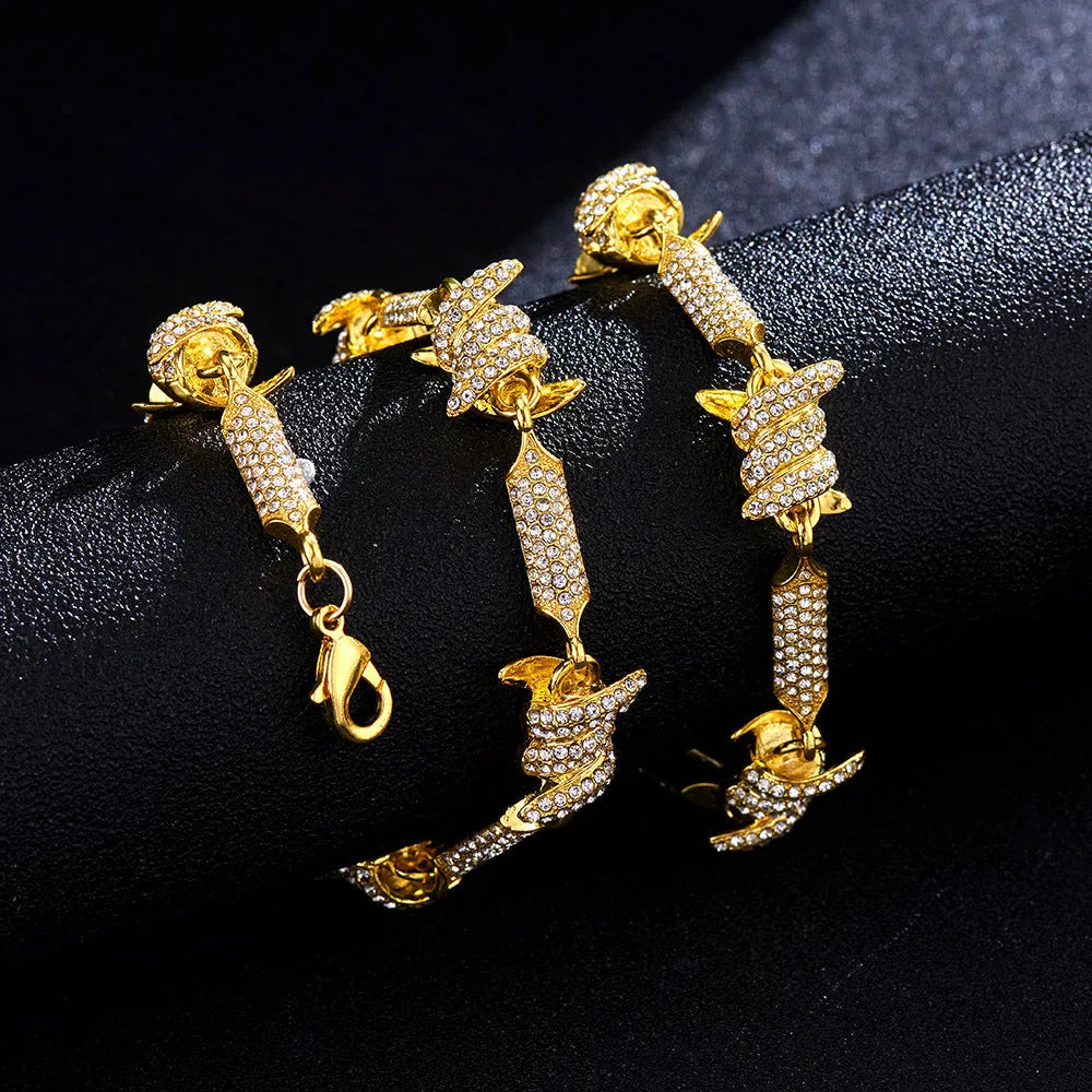 Irregular 3D solid alloy Cuban chain bracelet and necklace in silver and gold, unisex hip hop style, on dark background
