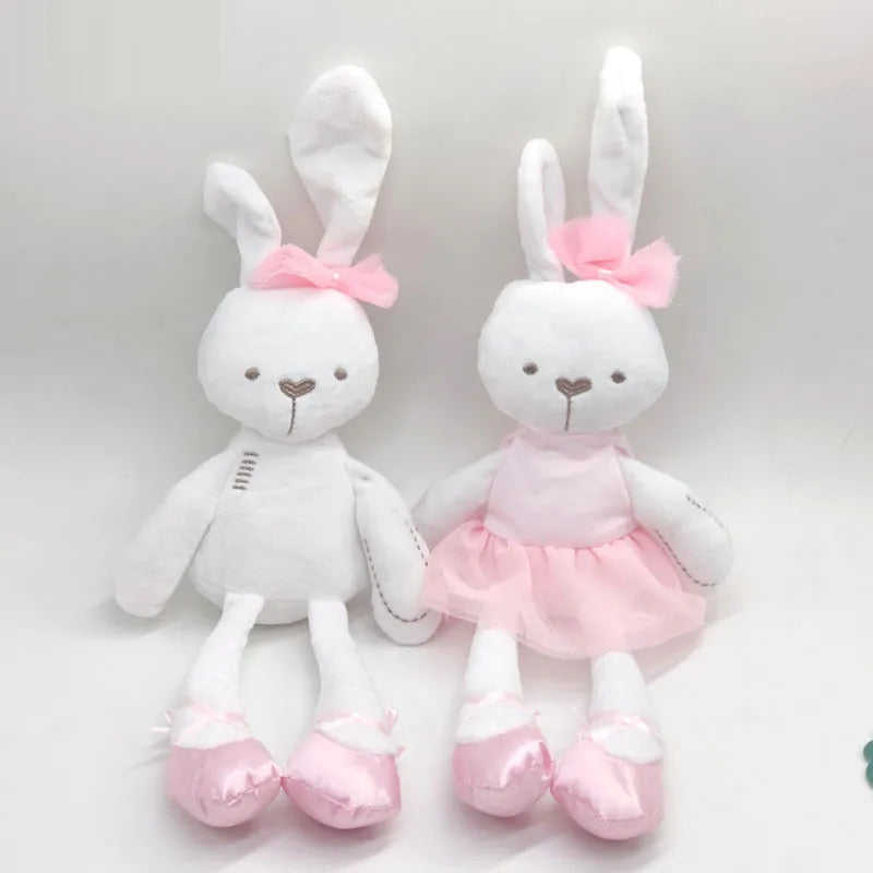 Soft 40cm baby rabbit short plush toy in pink, white, and orange for infants 0-3 years