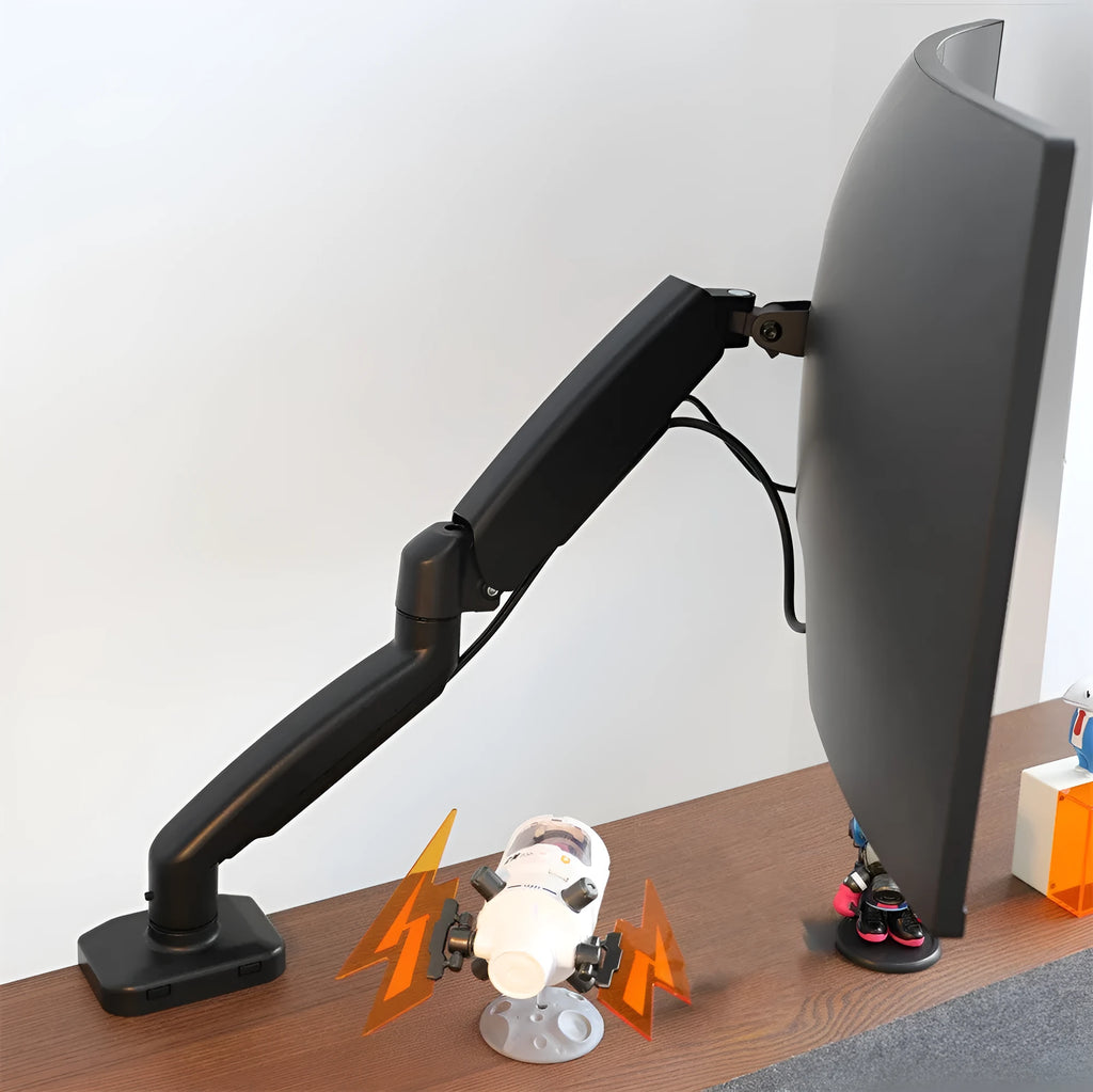 Black rotating telescopic LCD screen bracket on table with adjustable height and swivel features
