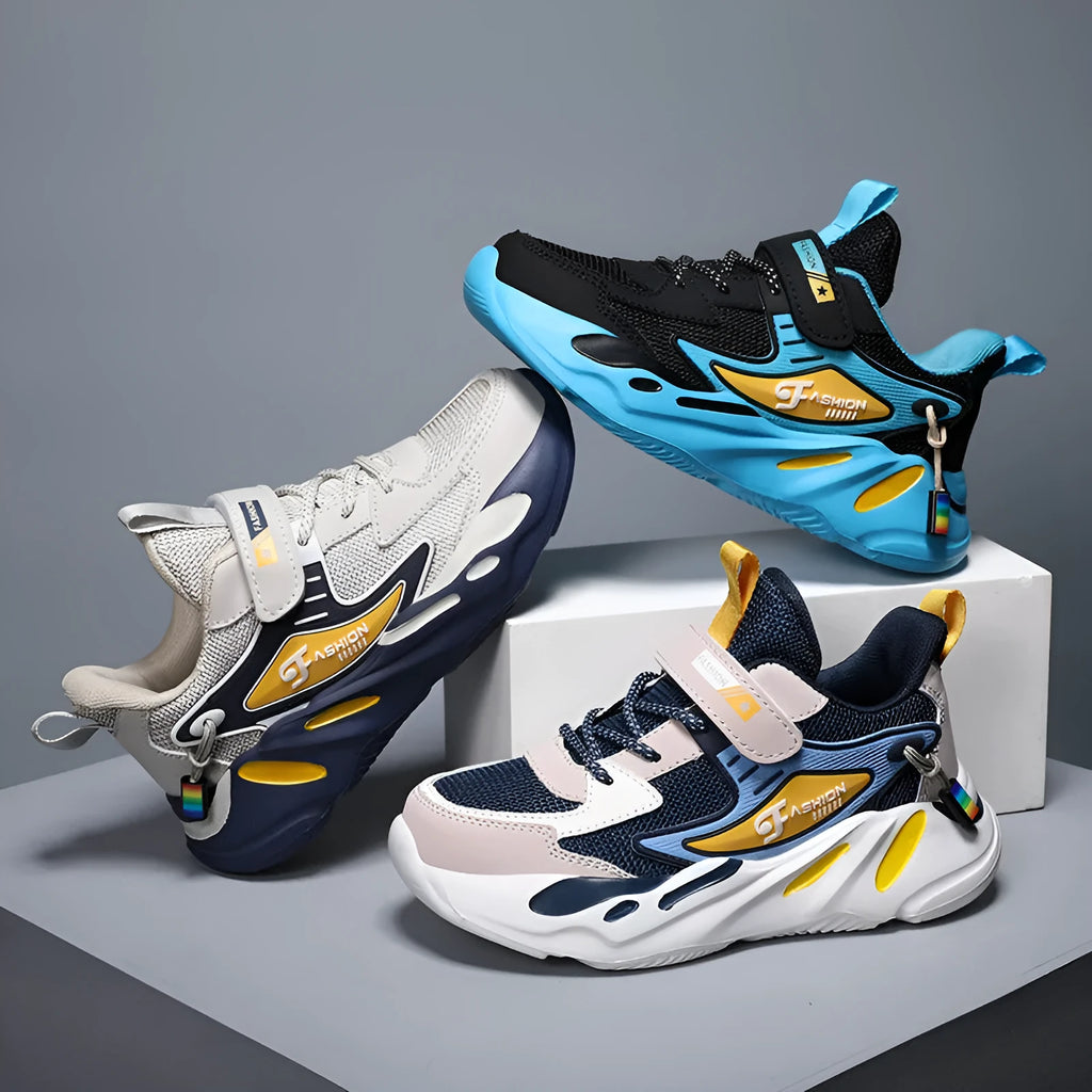 Boys dark blue and black Velcro sports running shoes with a breathable mesh upper