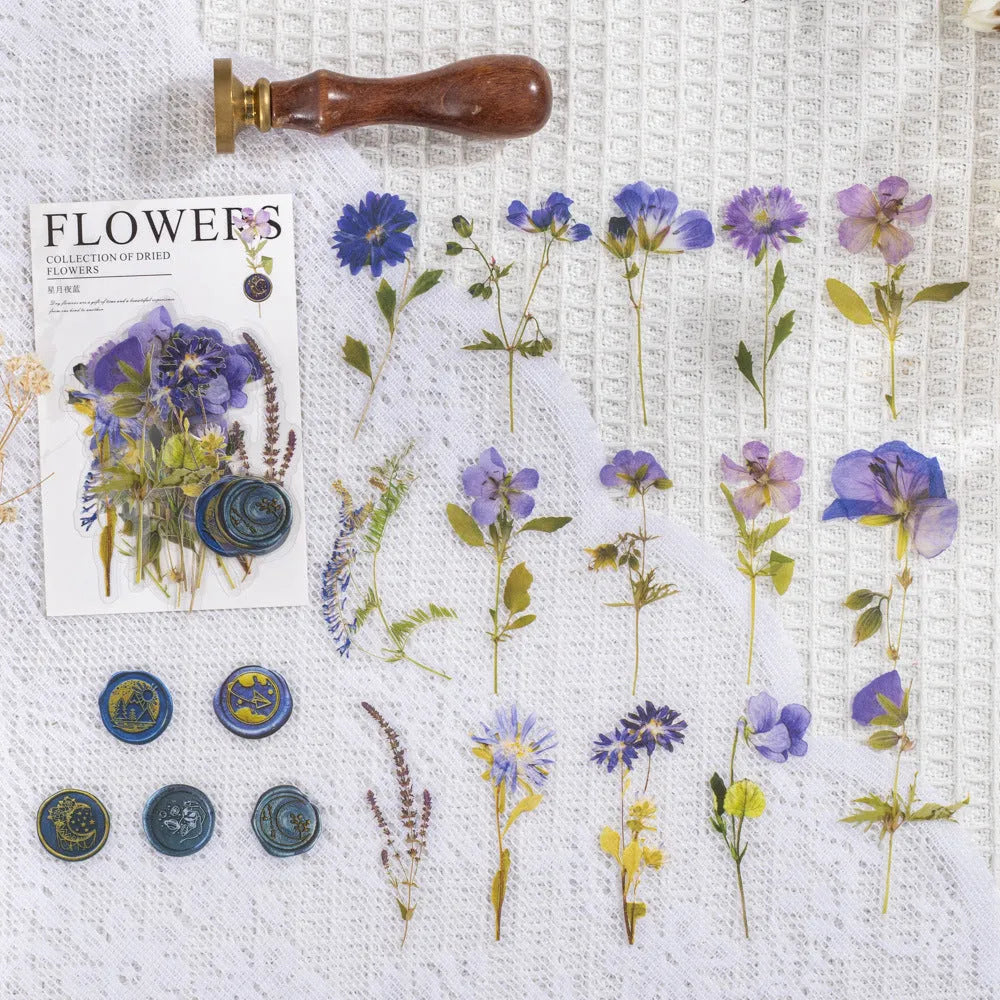 Pack of 40 decorative dried flower design sticker sheets in eight colours including purple, blue, and orange.