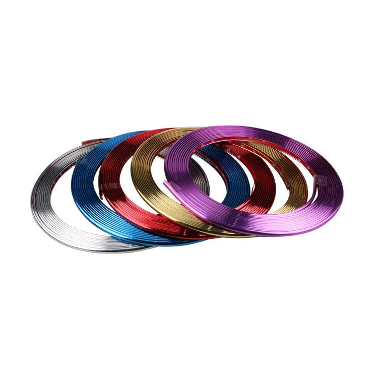 Roll of electroplated purple PVC wheel hub trim sticker, 8 metres long, for car decoration.