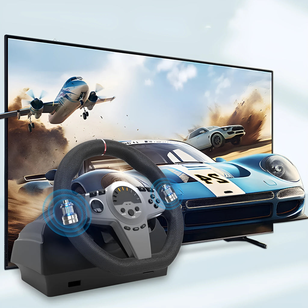Black multi-platform gaming steering wheel with two pedals and paddle shifters