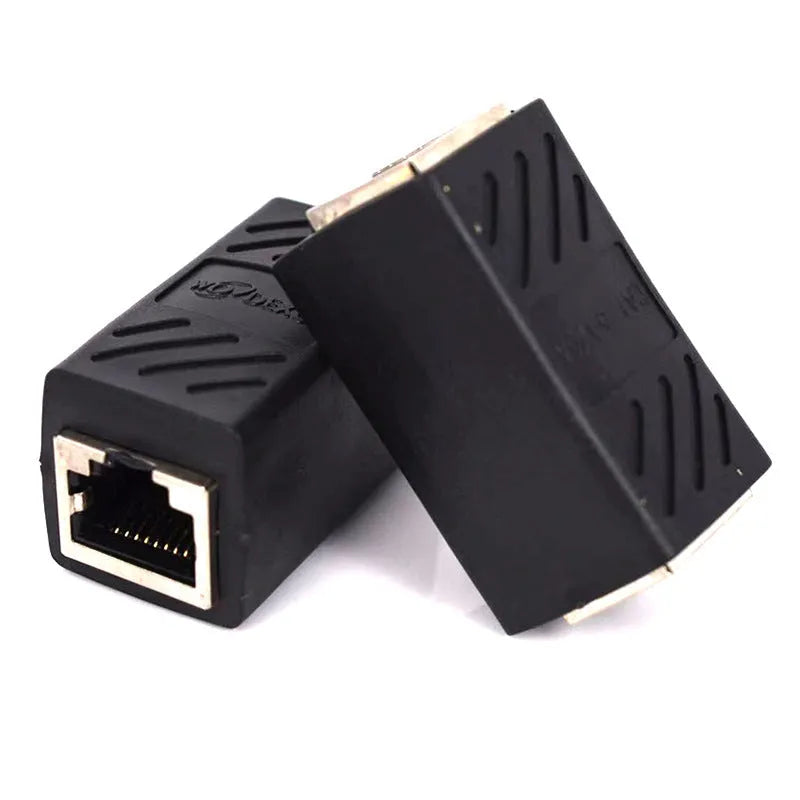 Black RJ45 network cable extender adapter with connectors on both ends