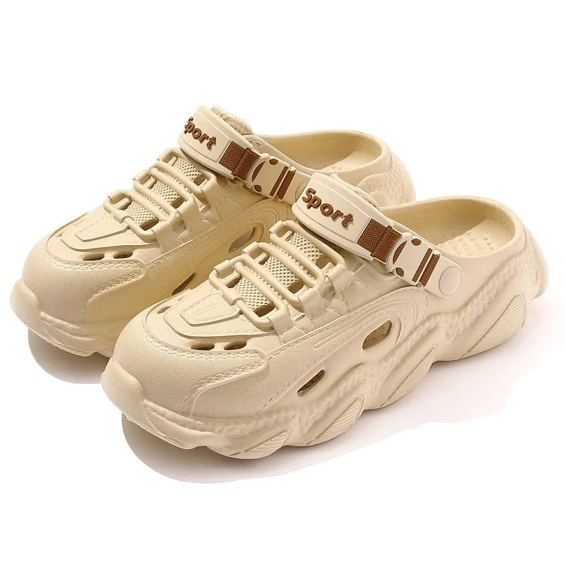 Men's khaki outdoor slippers with EVA sole and hollow out breathable design