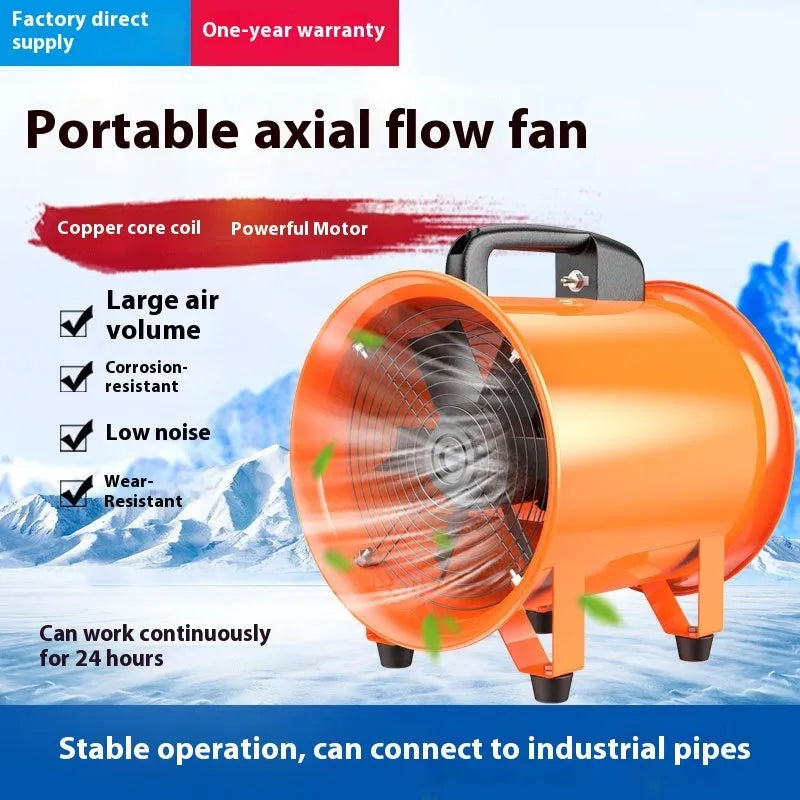 Portable 8-inch titanium steel axial flow industrial fan with a 5-metre attached air duct.