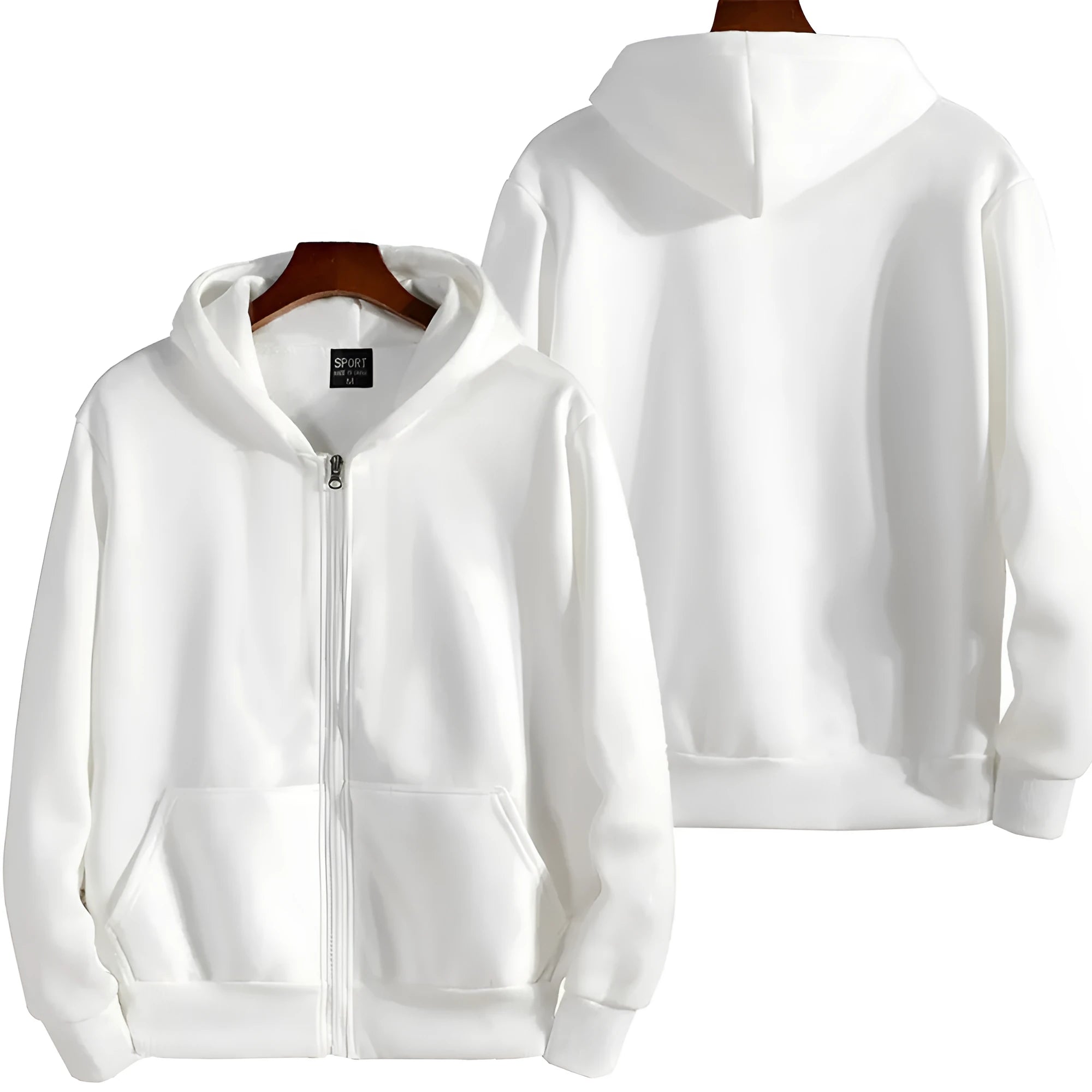 Men's solid colour loose fit zip-up sports jacket on a hanger.