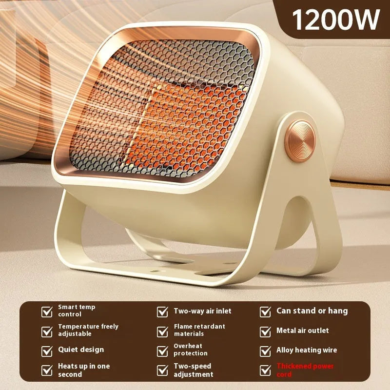 Compact white PTC ceramic desktop electric heater with control buttons and a directional grille.