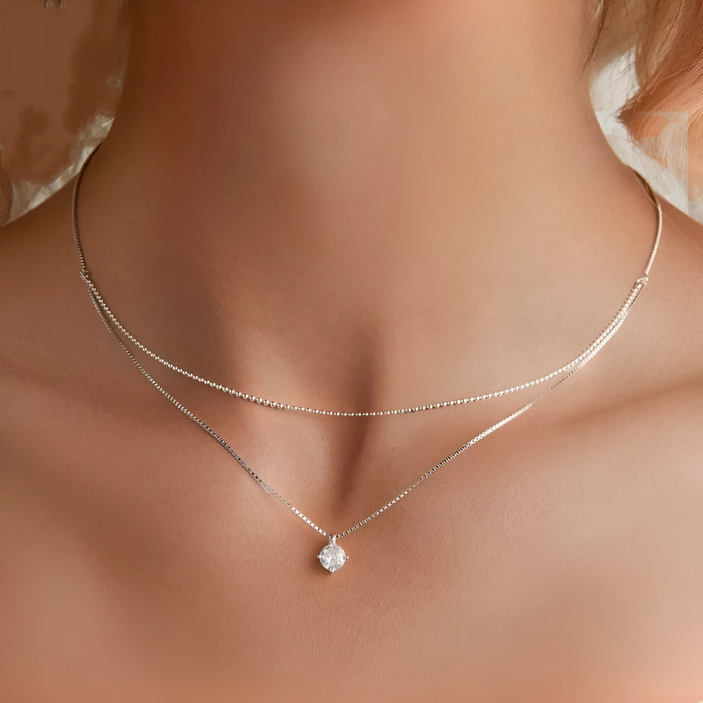 Women's double-layer 925 sterling silver necklace with pearl chain and shining silver finish