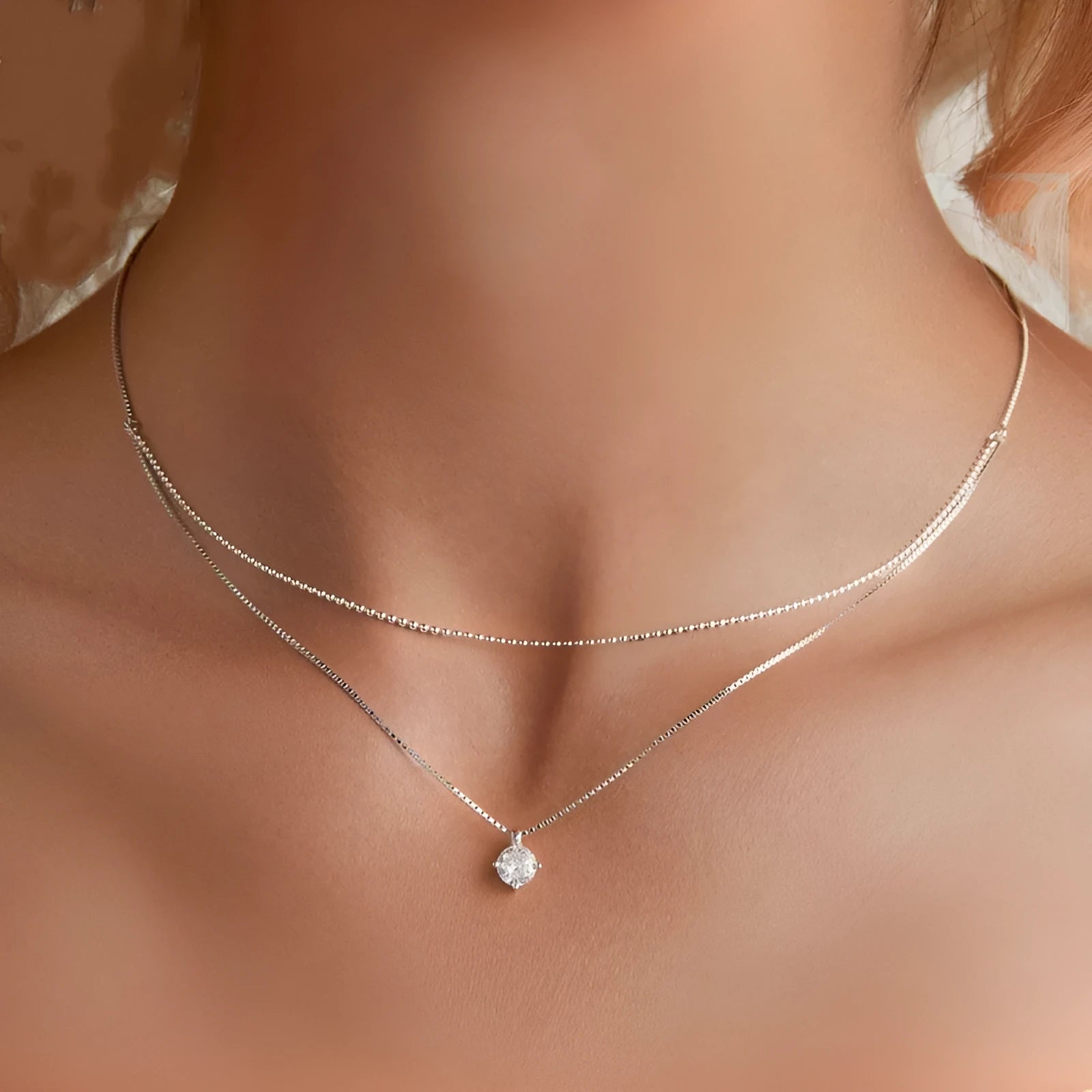 Women's double-layer 925 sterling silver necklace with pearl chain and shining silver finish