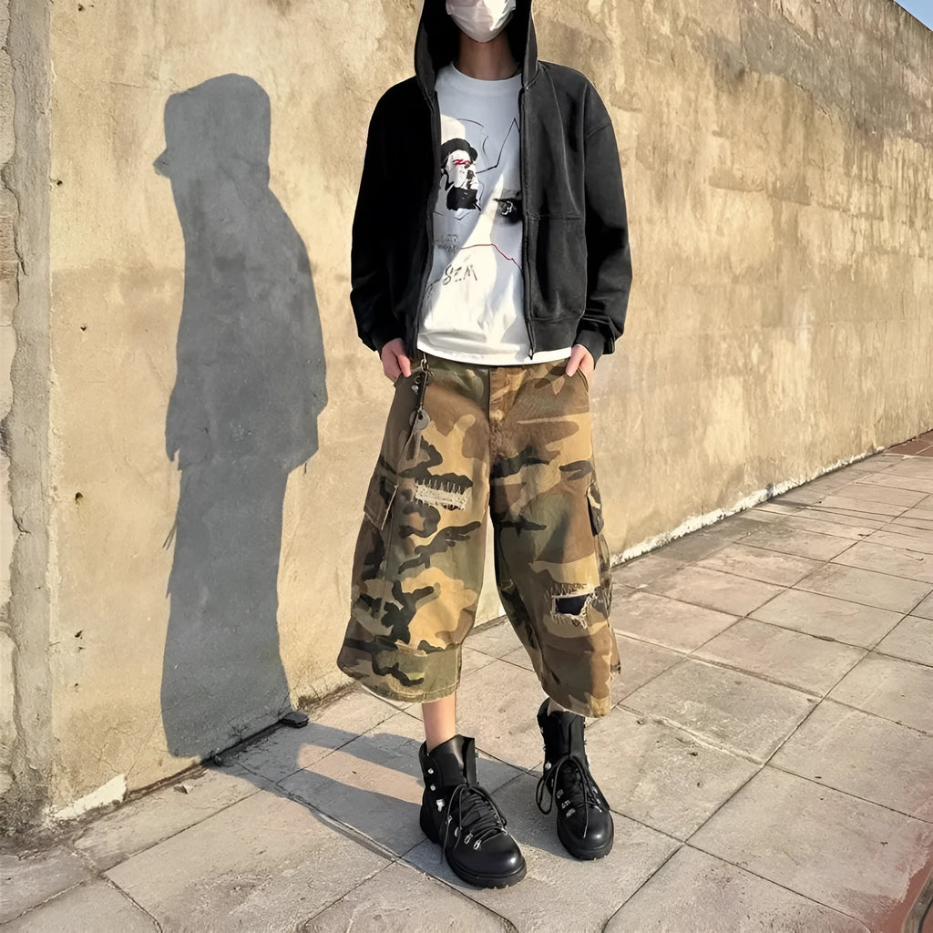 Men's camouflage cropped jeans with retro patch ripped detailing and straight-leg fit