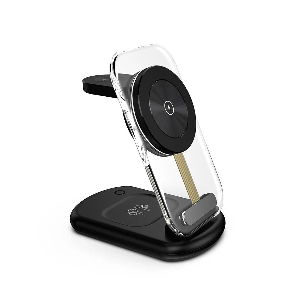 Transparent folding magnetic three-in-one wireless charger in black and white colours