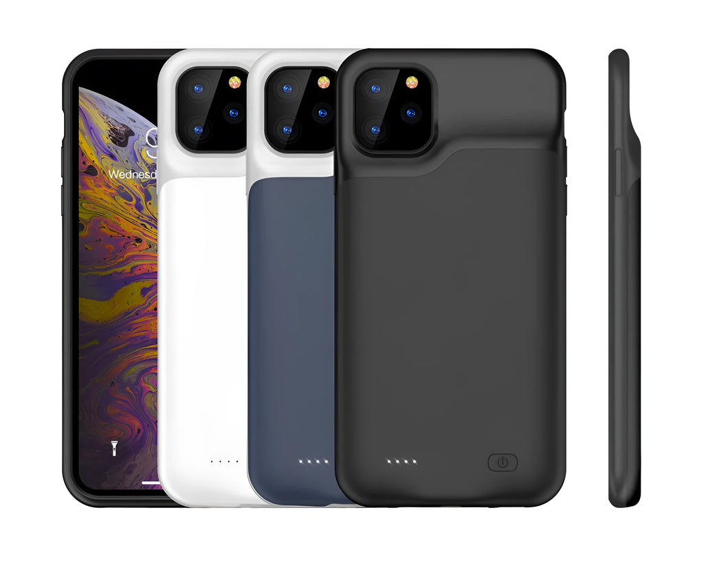 Shockproof silicone iPhone charging case with extended battery in black, blue, pink or white colours
