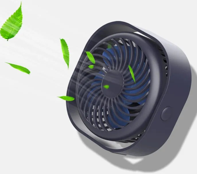 USB desk fan with alarm clock in blue, showing 360-degree rotating head and rotary switch.