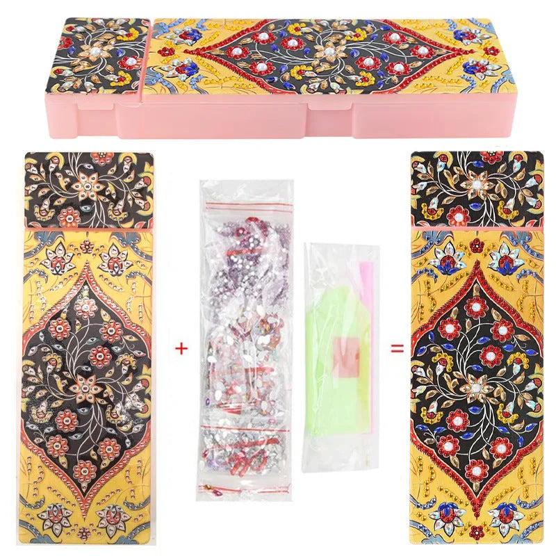 DIY diamond painting pencil case kit with PU leather wrist bag, resin drill bits, and diamond chips, 10 colour options, 200x150x10mm