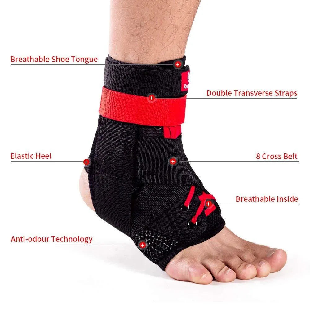 Kuangmi adjustable ankle brace in black red for sport foot stabilizer with straps