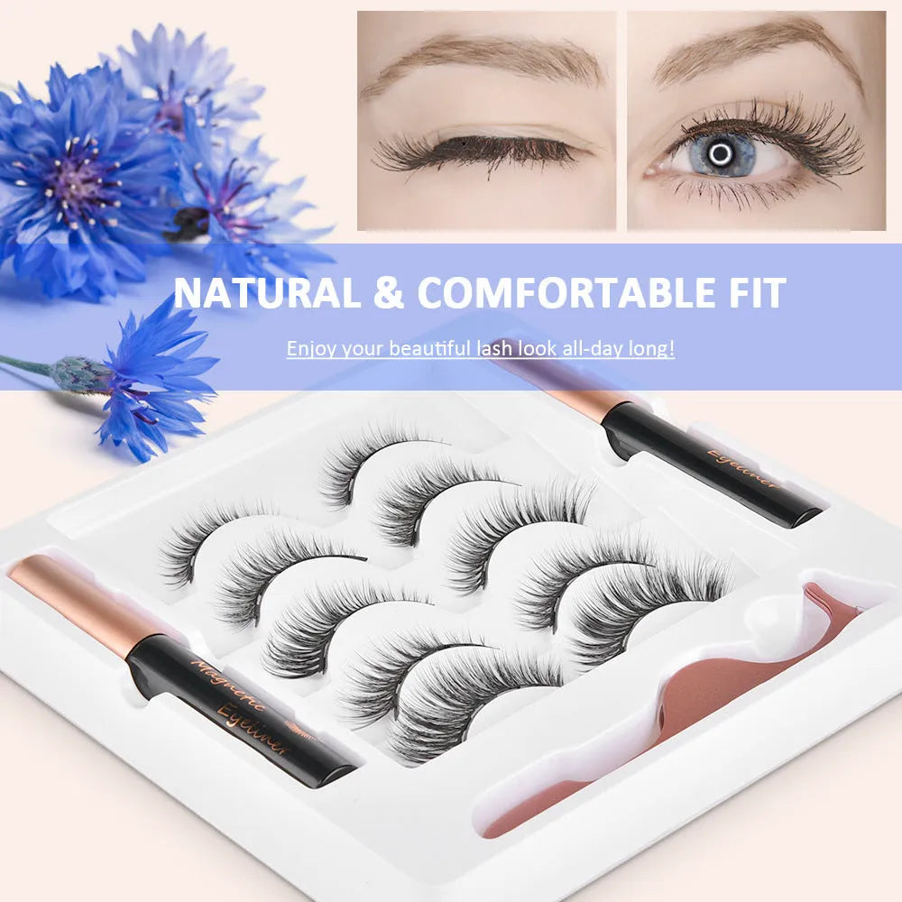 Magnetic false eyelashes set with 5 pairs of handcrafted imported fiber lashes and 2 mascara tubes in packaging