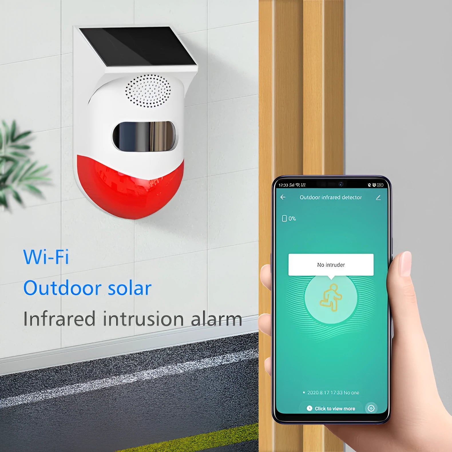 Solar-powered wireless infrared alarm detector for outdoor perimeter security