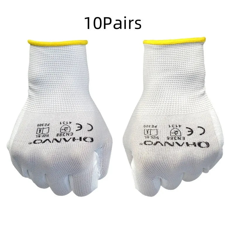 Pair of white PU coated work gloves for labour, showing flexible latex-free coating.