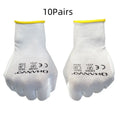 Pair of white PU coated work gloves for labour, showing flexible latex-free coating.
