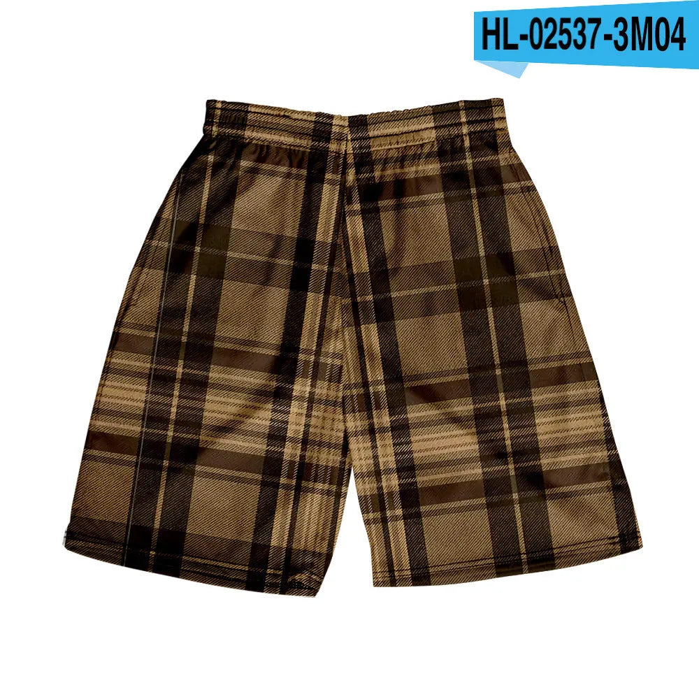 Men's blue and white plaid casual polyester shorts with an elastic waistband.