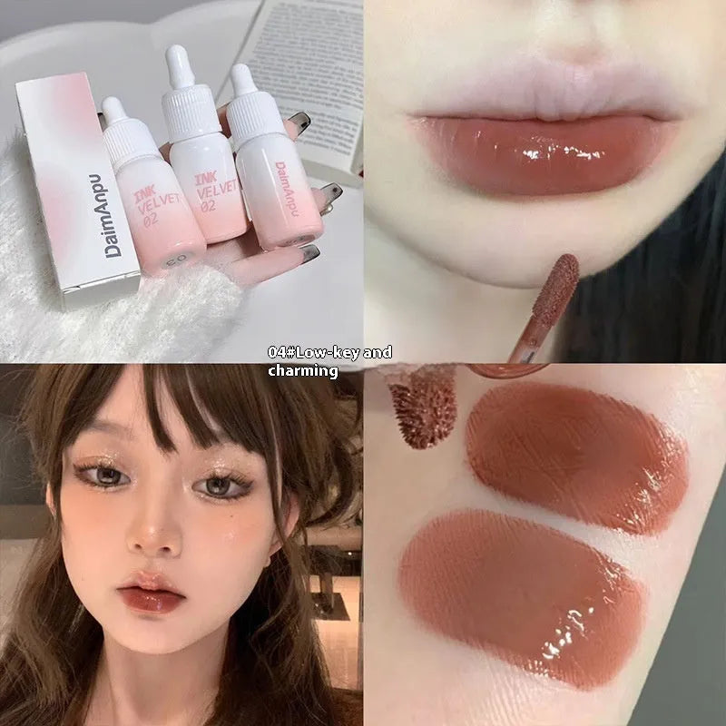 Mirror Lip Lacquer tube in 3.5g size showing four colour options: Spring Day Wilderness, Orange Tabby Cat Diary, Low-key Charming, and Misty Berry
