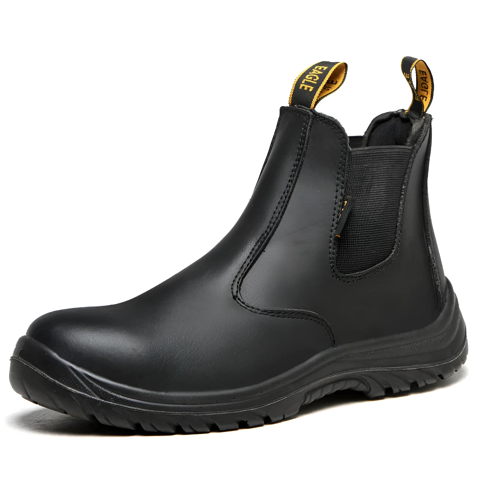 Black leather safety boots with high-top design and anti-piercing protection