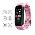 C5S model sports pedometer bracelet in various colours on a wrist, showing 0.96-inch screen.