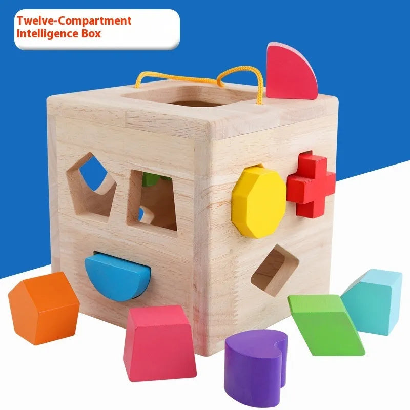 Wooden geometric shape matching baby building blocks with multiple hole intelligence boxes for infants 0-3 years
