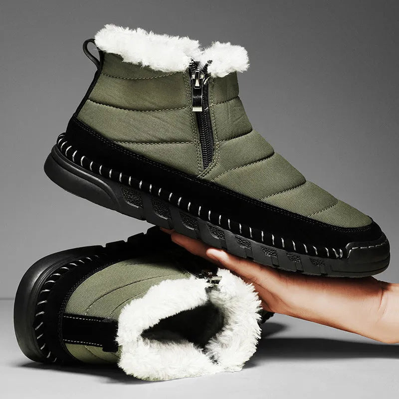 Men's plus size insulated snow boot in black with cotton upper and non-slip rubber sole.