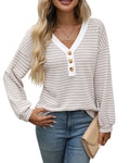Women's loose-fit V-neck pullover top with patchwork design in polyester fabric