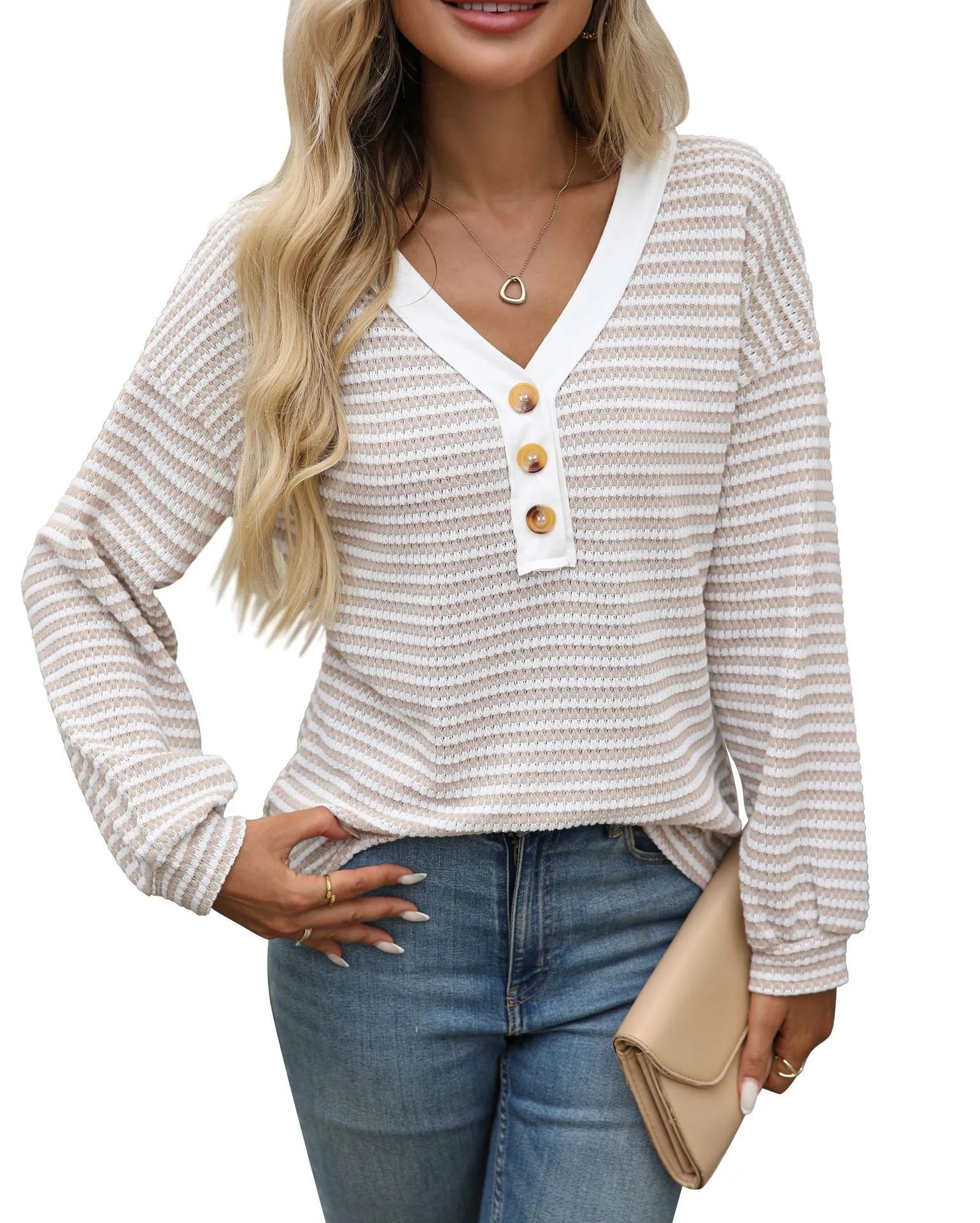 Women's loose-fit V-neck pullover top with patchwork design in polyester fabric