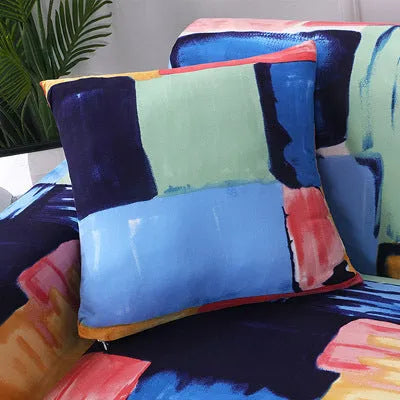 Printed geometric pattern stretch sofa slipcover on three-seater sofa