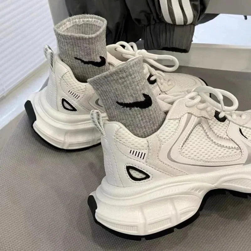 Beige platform mesh sports shoes with wedge heel and front lace-up design