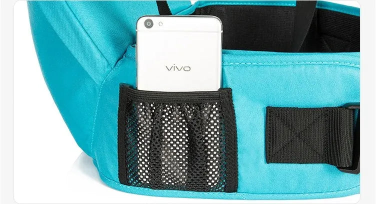 Multifunctional baby carrier in black, 100% cotton, with waist support and three carrying positions for newborn to toddler