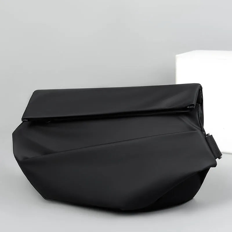 Grey PU leather men's crossbody bag with a shoulder strap, shown with open compartment for phone and documents.