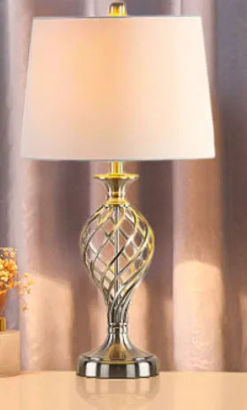 Silver alloy bedside table lamp with touch dimming control and USB charging port