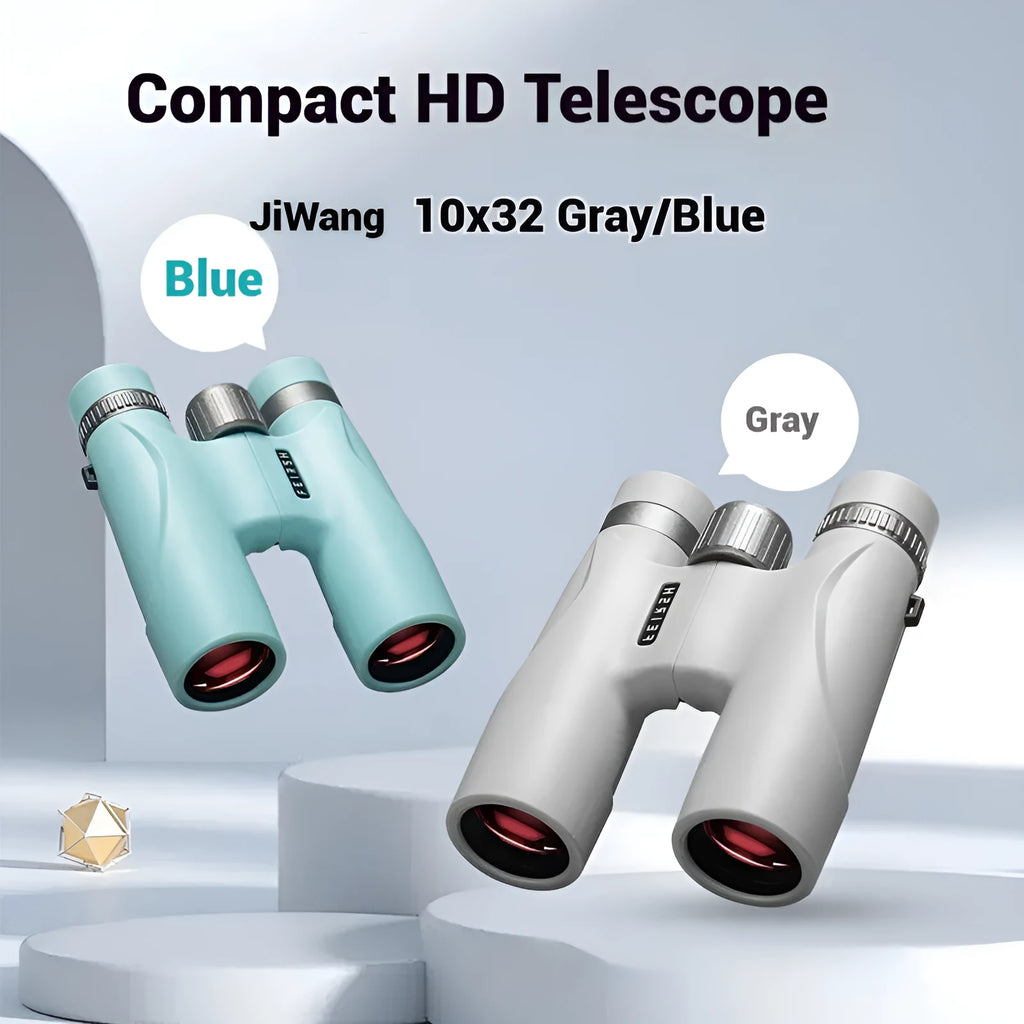 Blue and grey 10x32 plastic binoculars with wine red film imaging on the lenses.