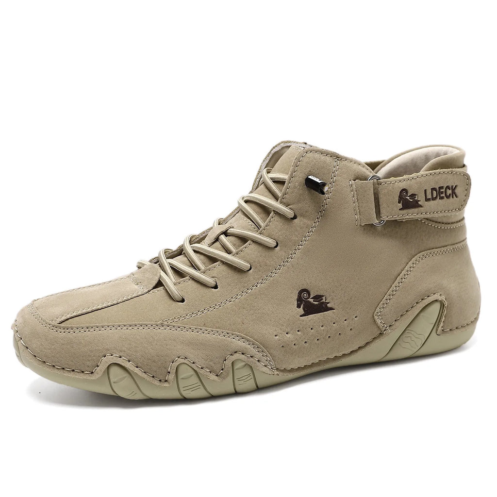 High top men's casual shoes in khaki colour with microfiber upper and rubber sole