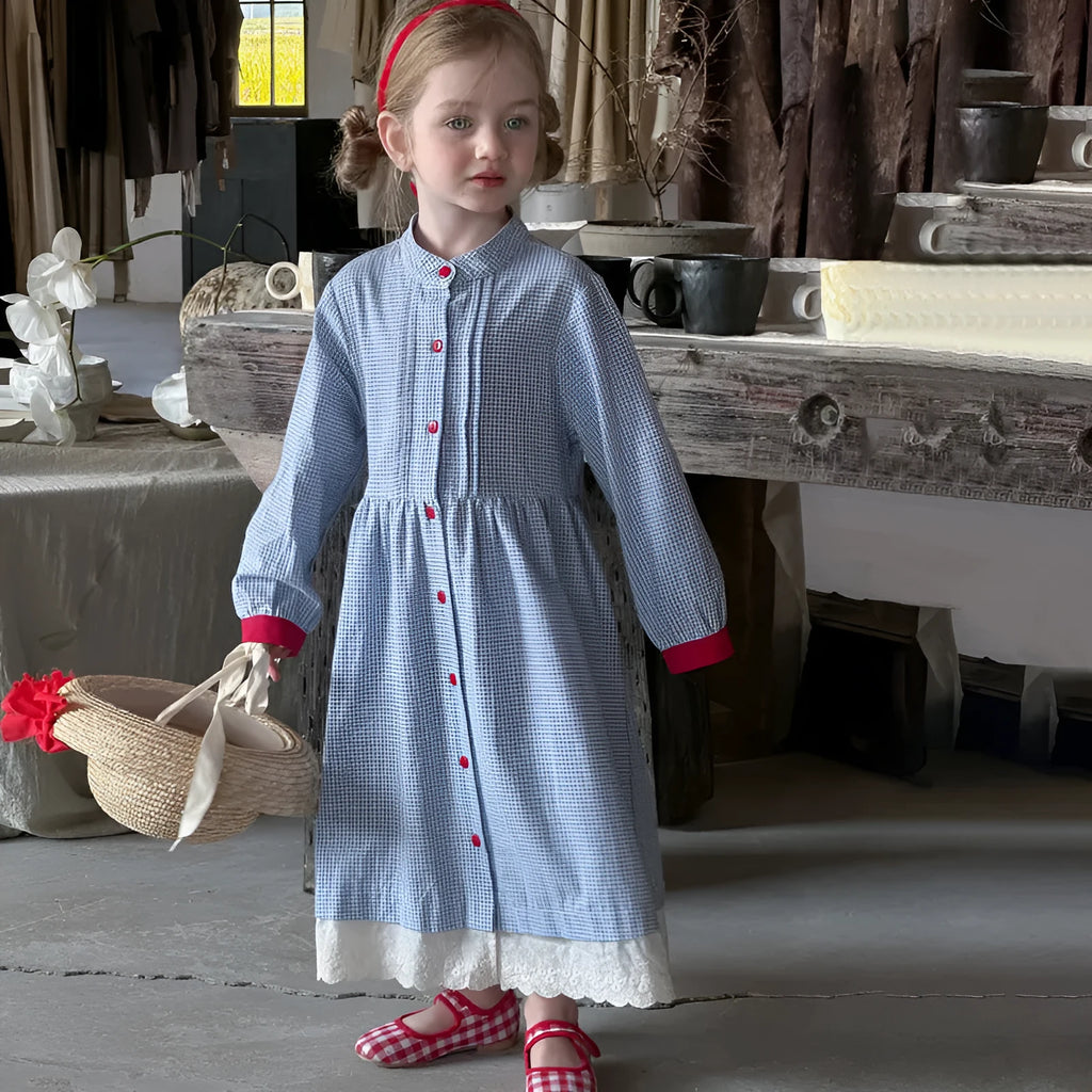 Blue plaid overknee long cotton dress for girls with button front, available for heights 90-130cm